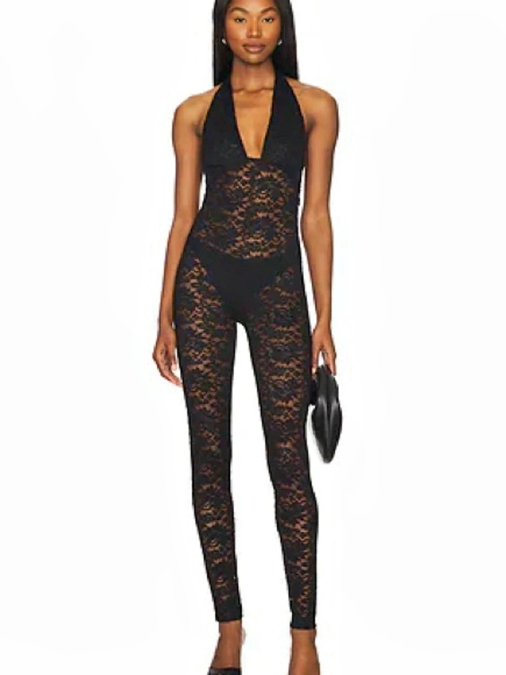 SUPERDOWN Tayler Catsuit Black Lace Halter Jumpsuit XS NWT